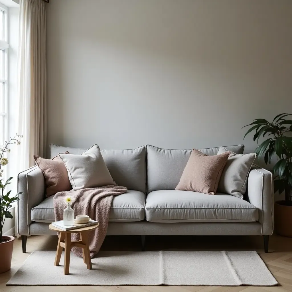 a photo of a grey sofa styled with layered textiles for a cozy atmosphere