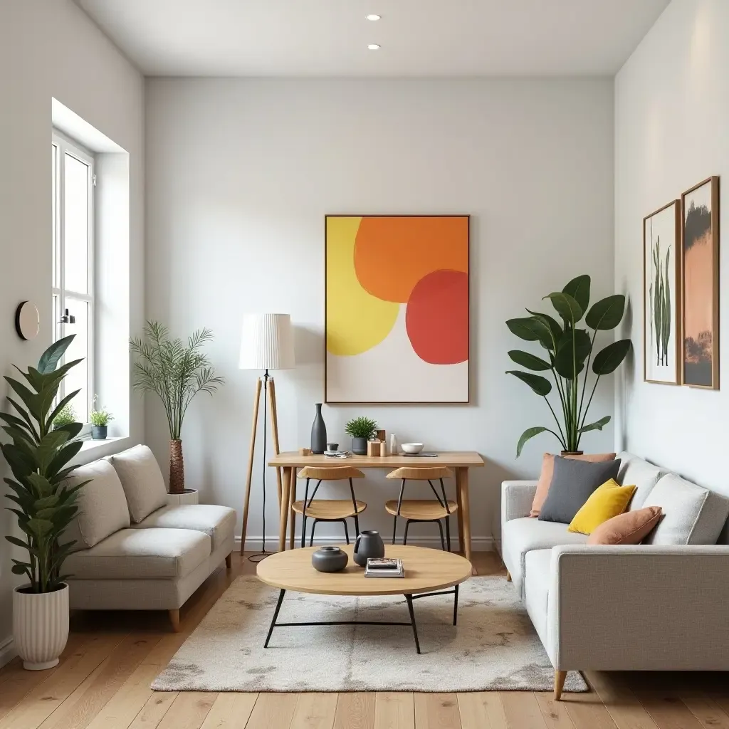 a photo of a small living room dining room combo with bright artwork and plants