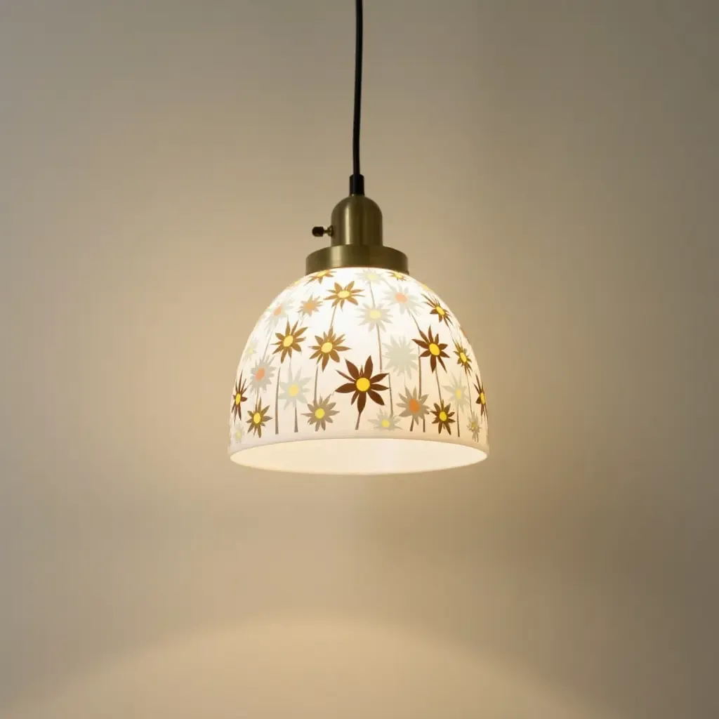 a photo of a pendant light with a floral design in a garden-themed nursery