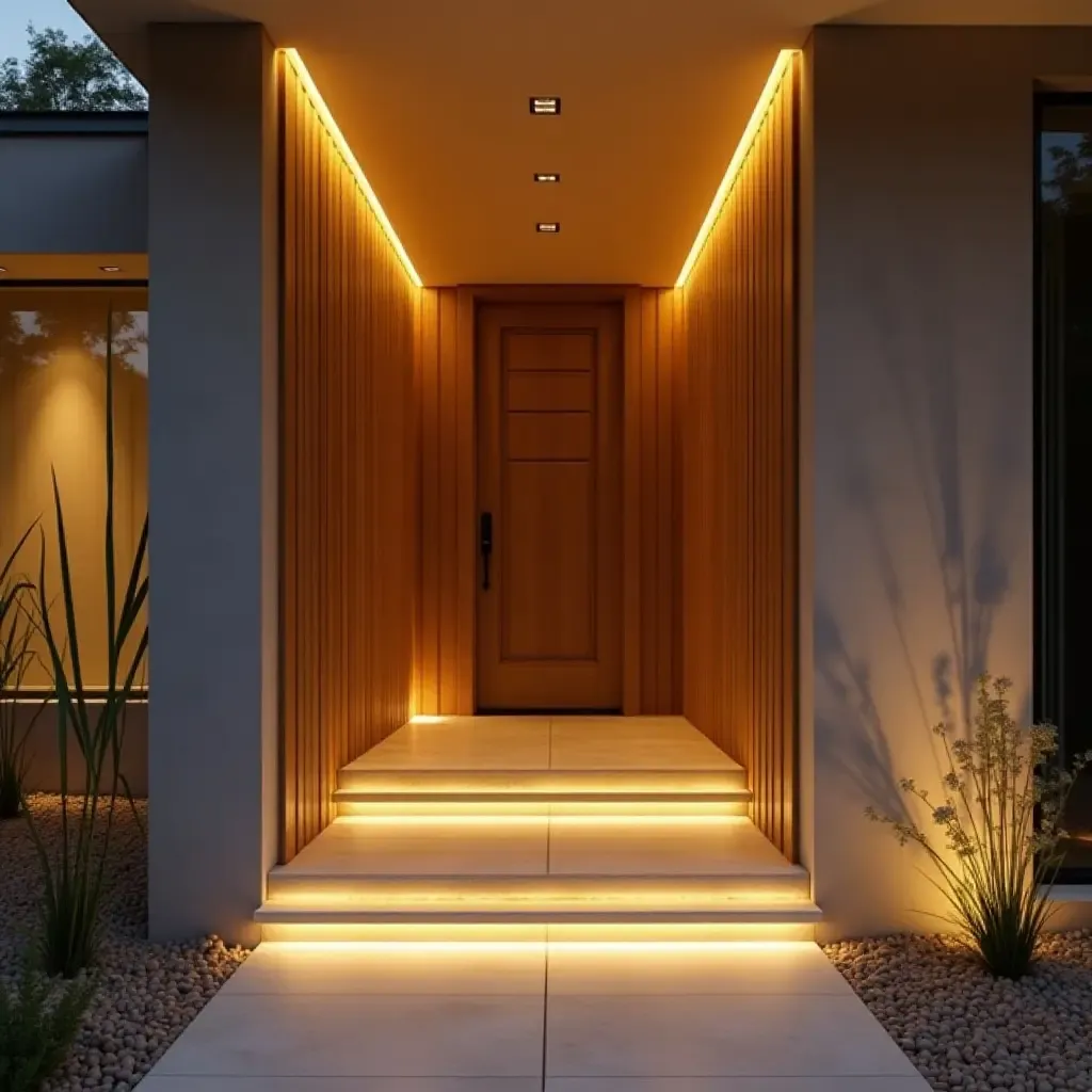 a photo of an inviting entrance with layered lighting