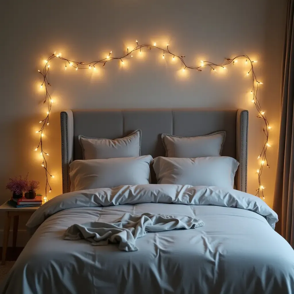 a photo of a grey headboard surrounded by fairy lights for a whimsical touch