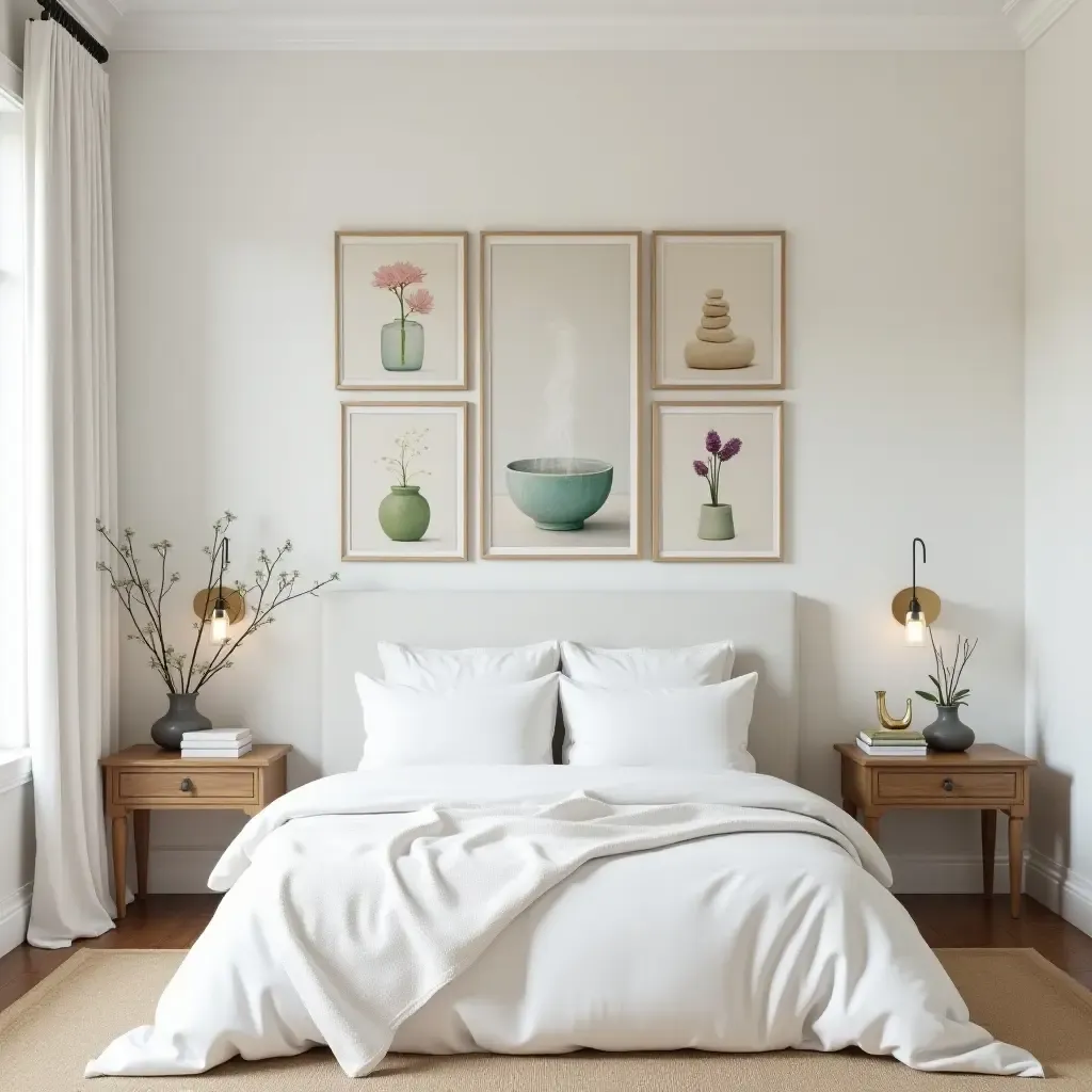 a photo of a tranquil bedroom featuring a gallery wall of spa-themed artwork