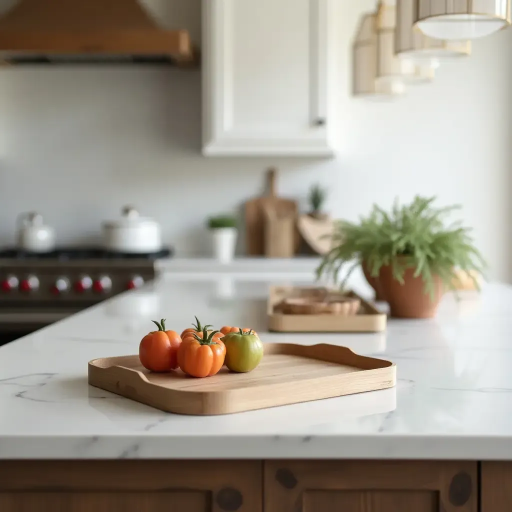 a photo of a wooden serving tray on a kitchen island