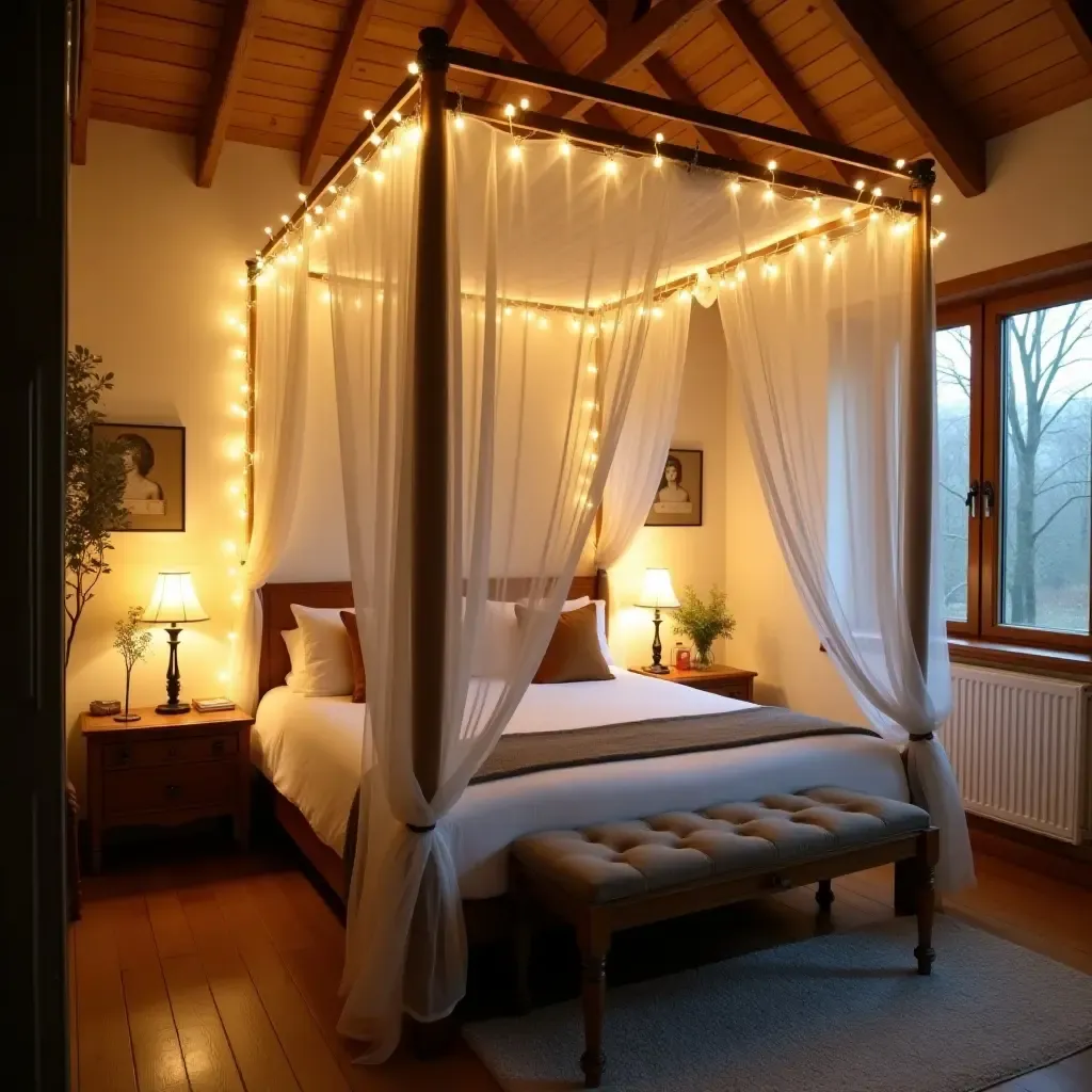 a photo of a cozy farmhouse bedroom with a canopy bed and fairy lights