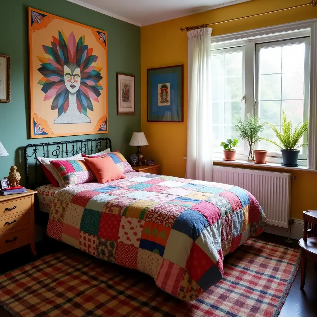 a photo of a vibrant bedroom showcasing a patchwork quilt and mismatched furniture