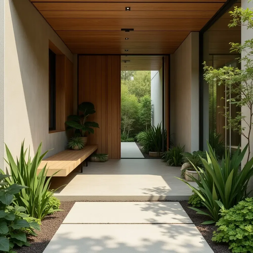 a photo of an eco-friendly entrance hall featuring sustainable materials and greenery