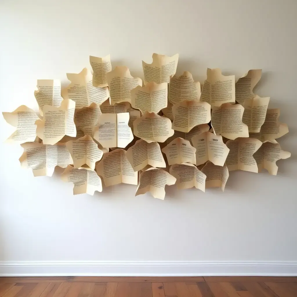 a photo of a wall installation made from recycled book pages