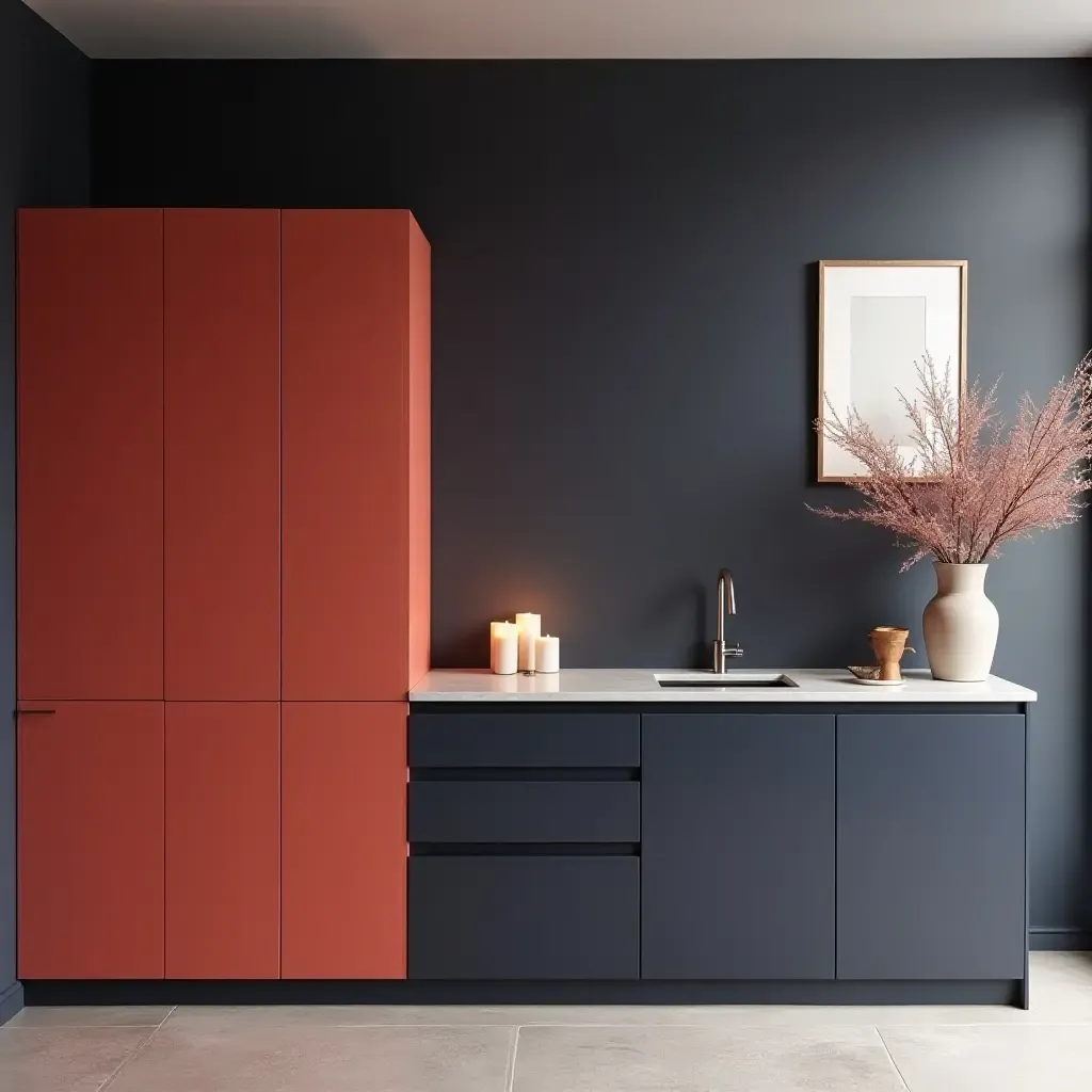 a photo of deep navy blue and coral red cabinet combination