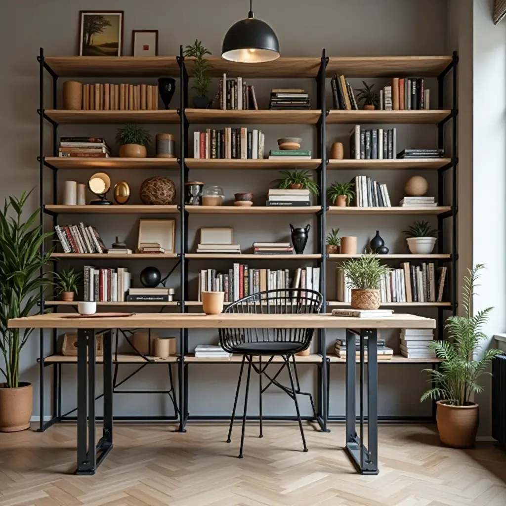 a photo of industrial-style shelves filled with books and decor