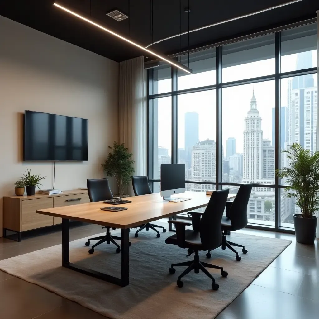 a photo of a contemporary workspace with smart technology and minimalist design