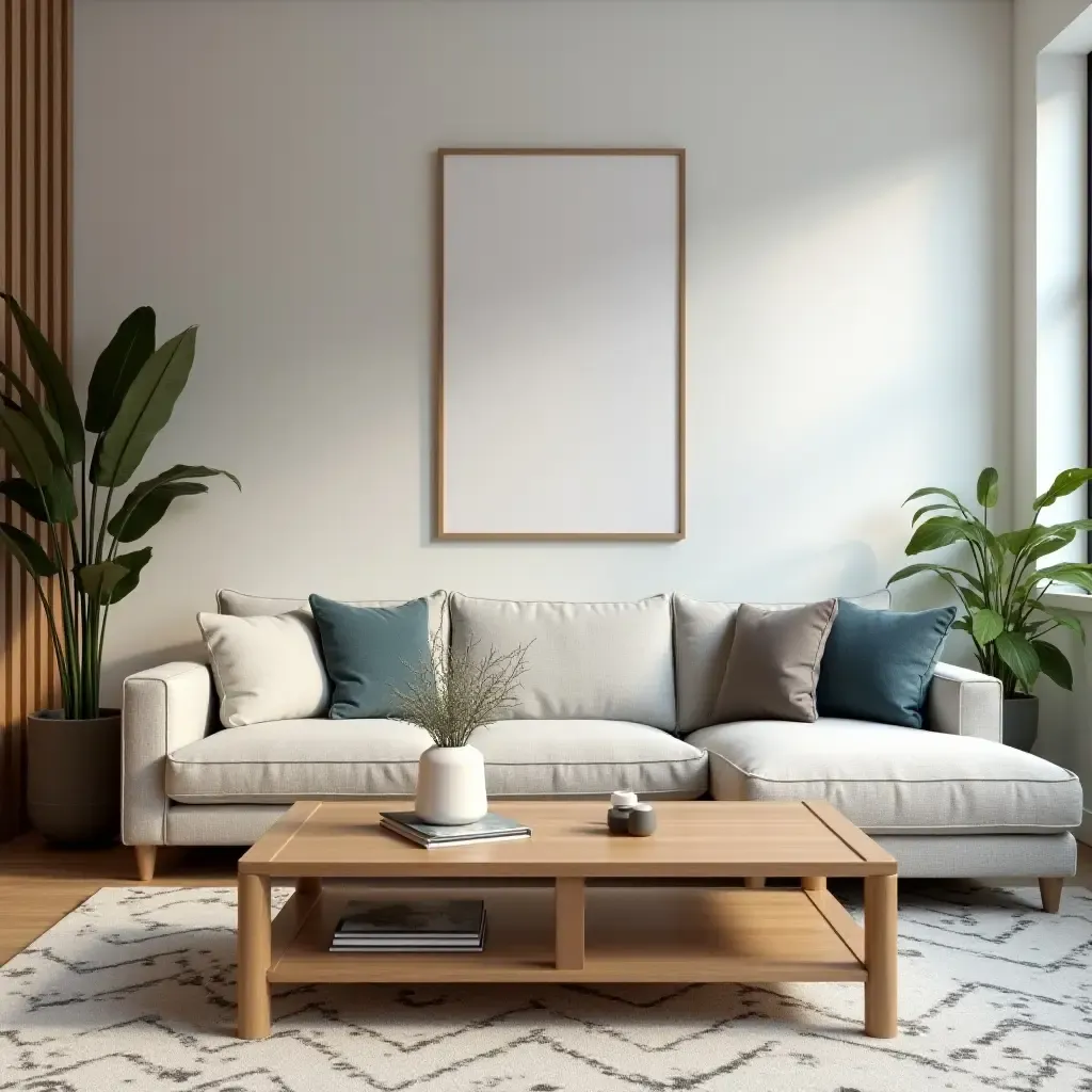 a photo of a living room with a wooden coffee table and modern decor