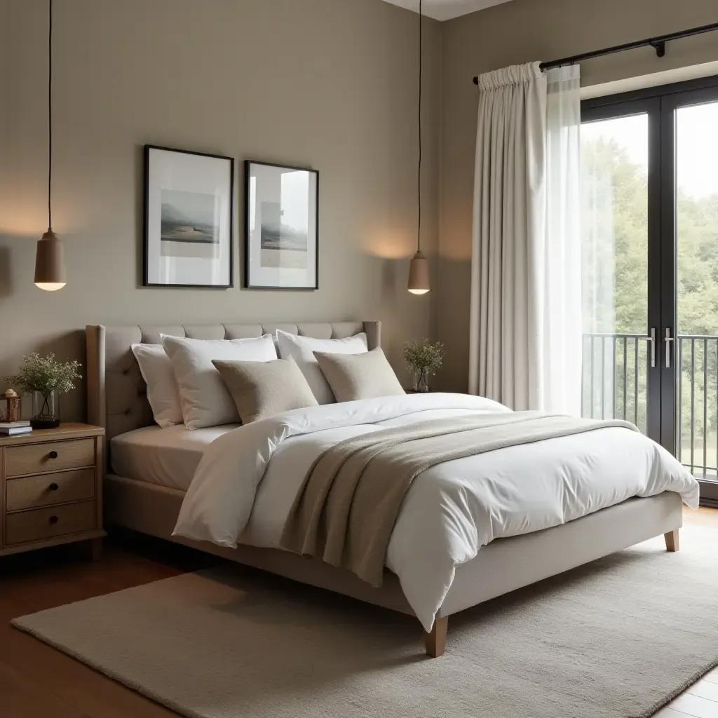 a photo of a sleek modern bed paired with an antique nightstand in a cozy bedroom