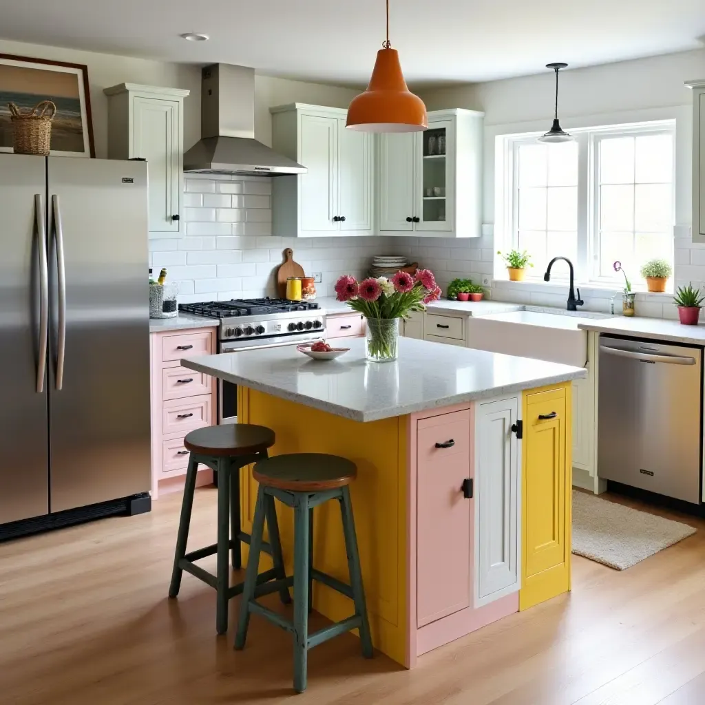 a photo of a colorful kitchen island with mismatched stools and creative storage solutions