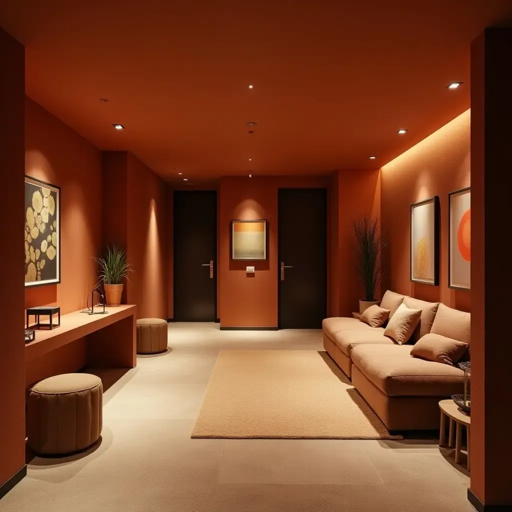 a photo of a basement with a warm color scheme and inviting textures