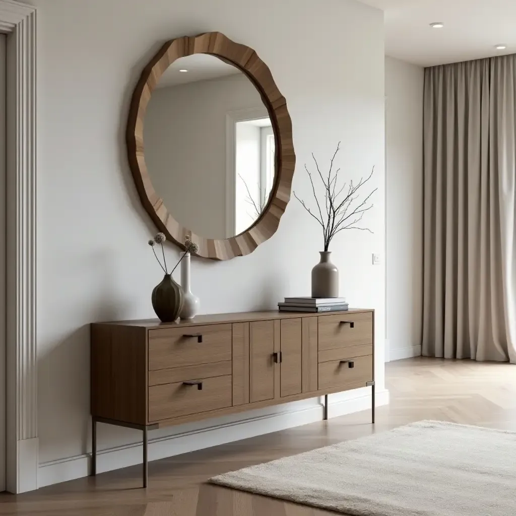 a photo of a modern corridor with a stylish console table for storage