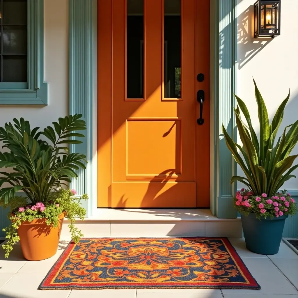 a photo of a vibrant entrance with a colorful doormat and plants