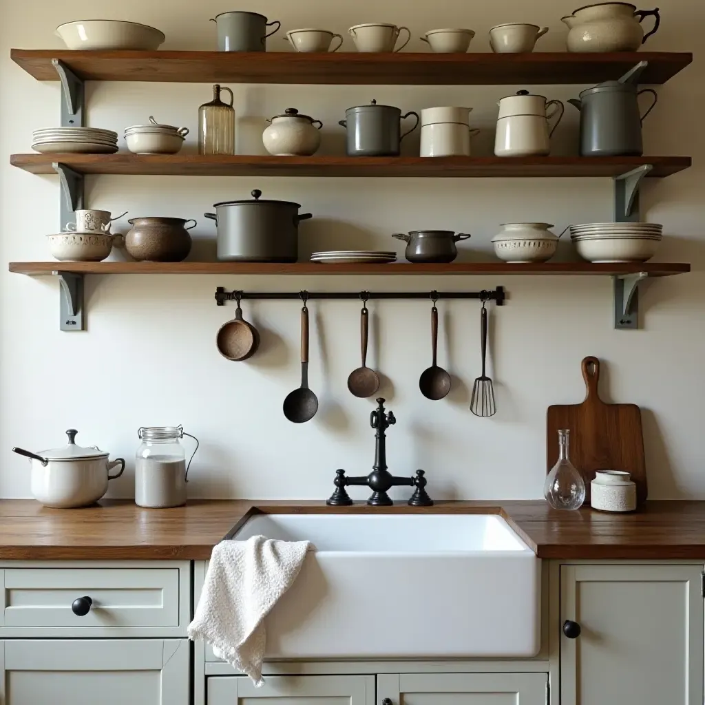 a photo of a charming farmhouse kitchen with antique utensils and wooden shelves