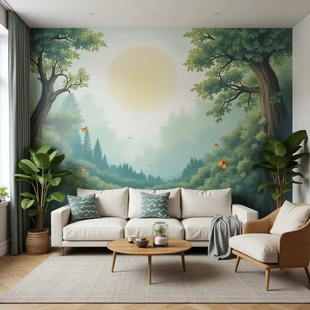 a photo of a stylish living room featuring a mural accent wall with nature themes