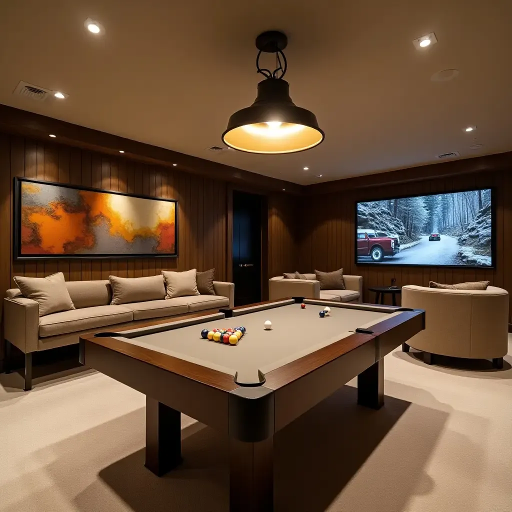 a photo of a basement game room with multifunctional tables and comfortable seating