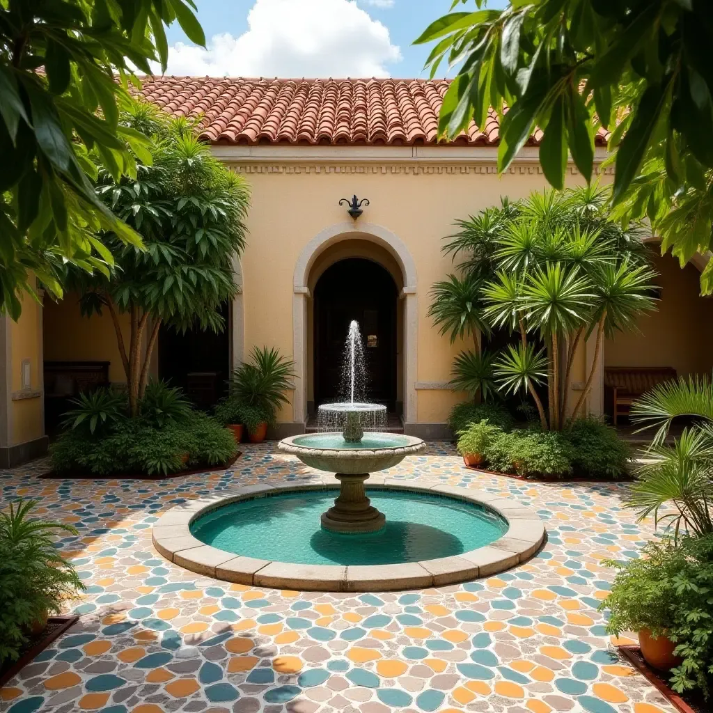 a photo of a serene courtyard with a fountain surrounded by colorful tiles and lush greenery