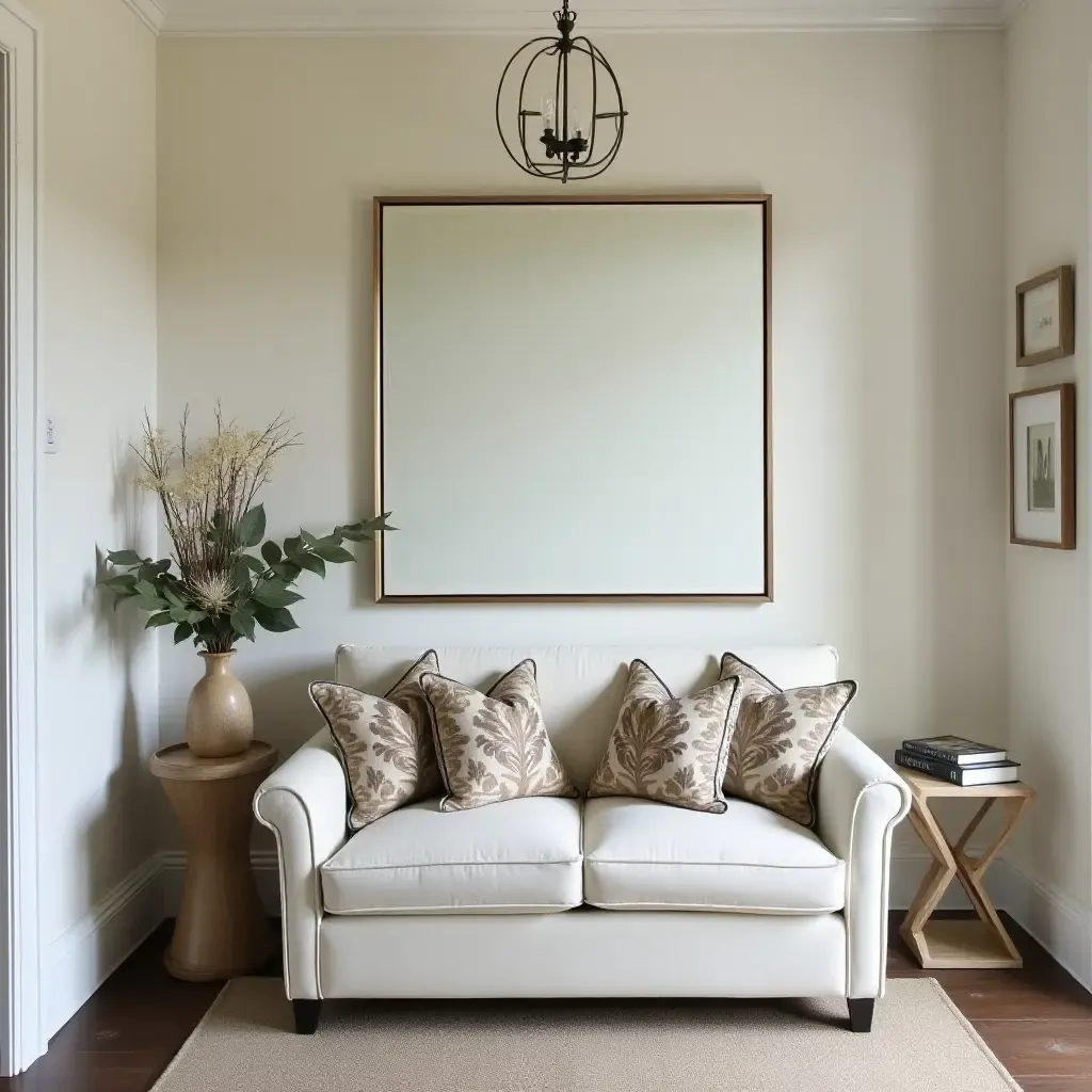 a photo of a classic entrance hall with damask throw pillows on a loveseat