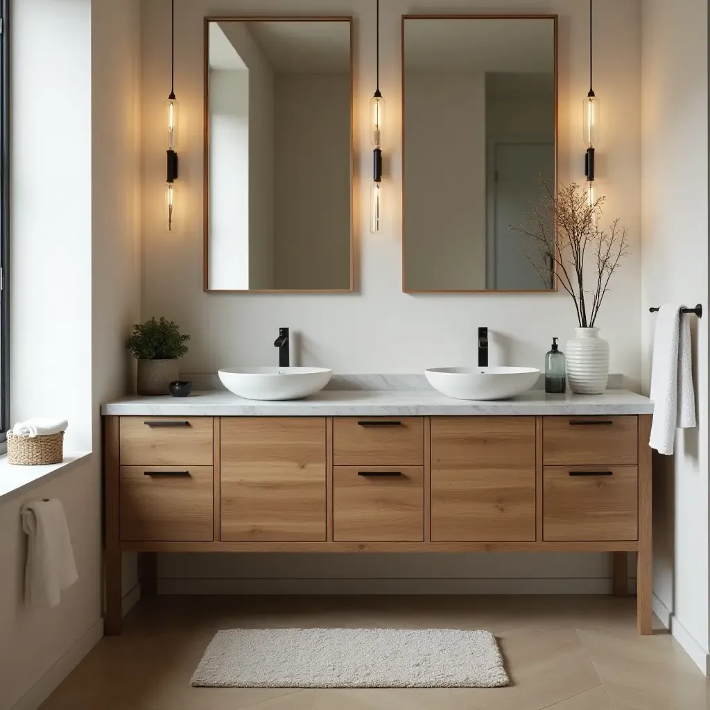 a photo of a bathroom with a vintage wooden vanity