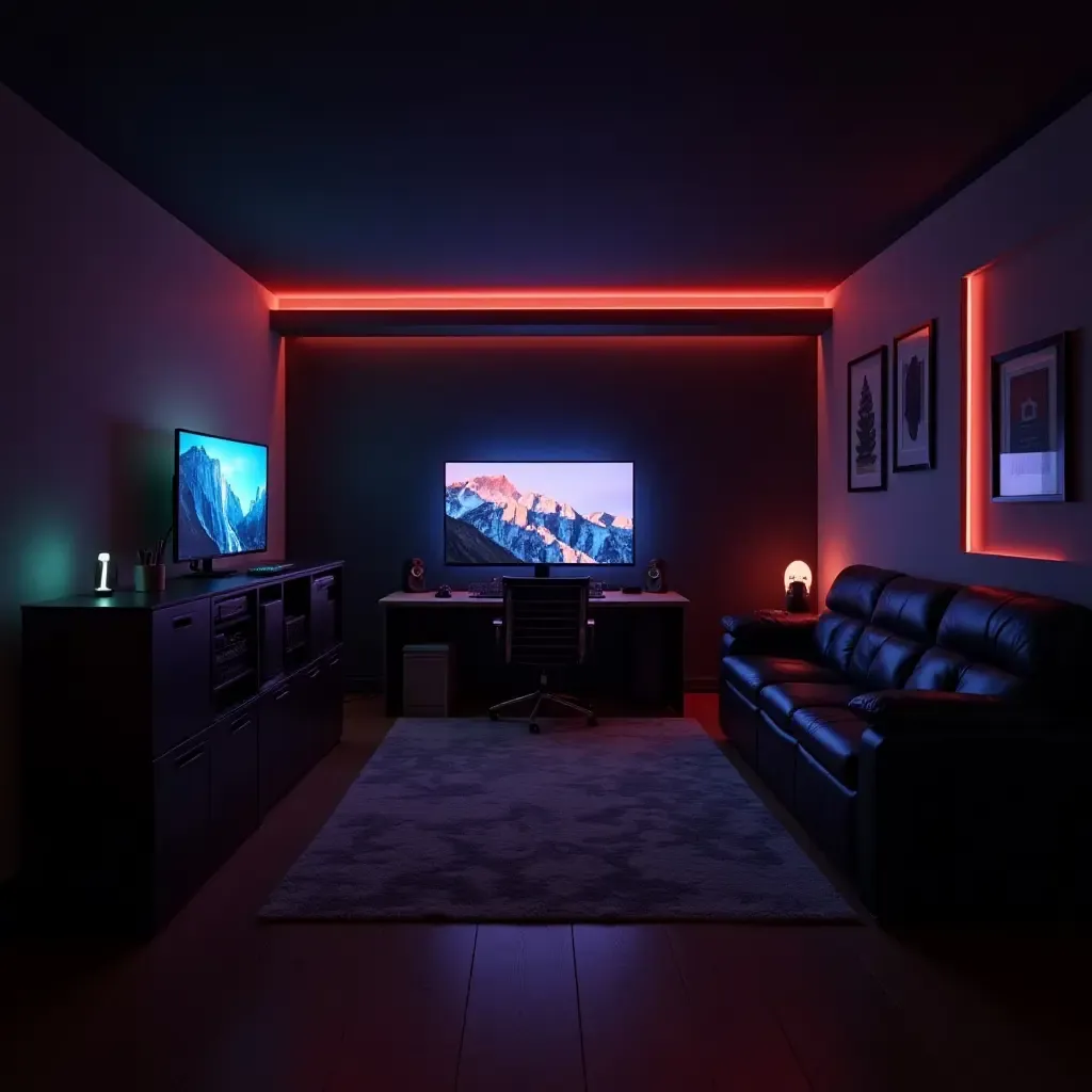 a photo of a basement gaming lounge with comfortable seating and tech setup