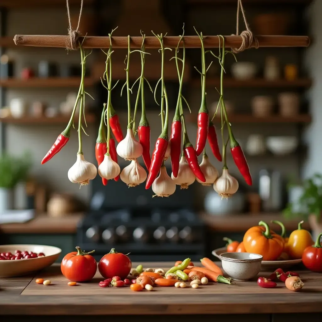 a photo of a charming kitchen with hanging garlic and chili peppers