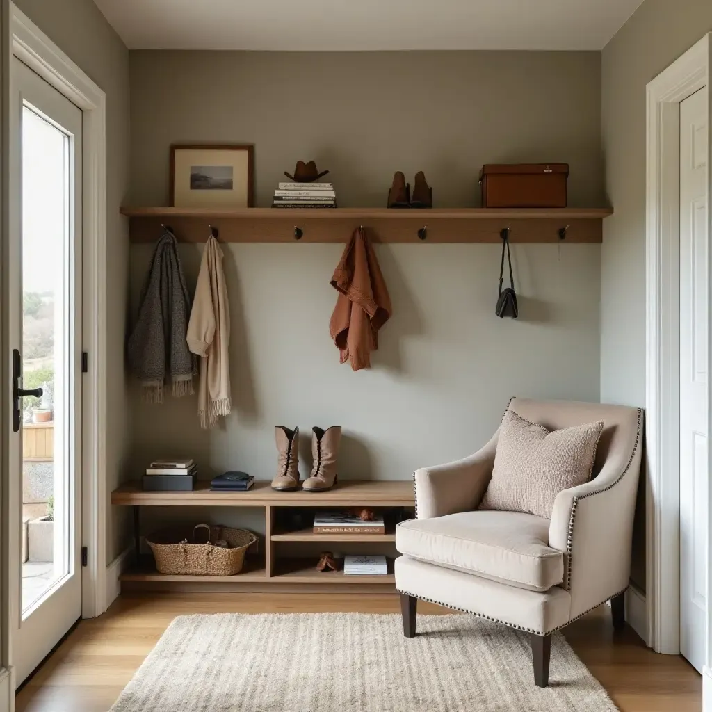 a photo of a cozy entrance area with a shoe rack and plush seating