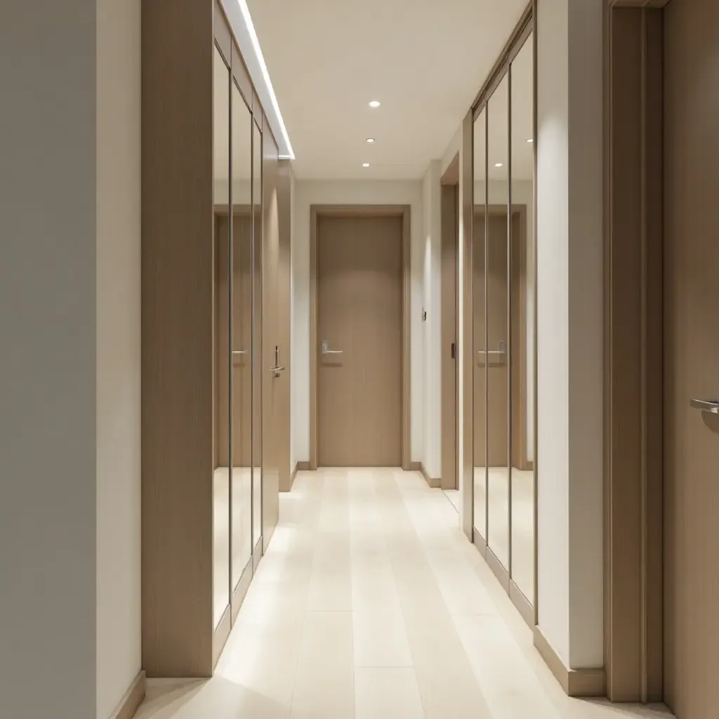 a photo of a narrow corridor with vertical storage solutions and mirrors