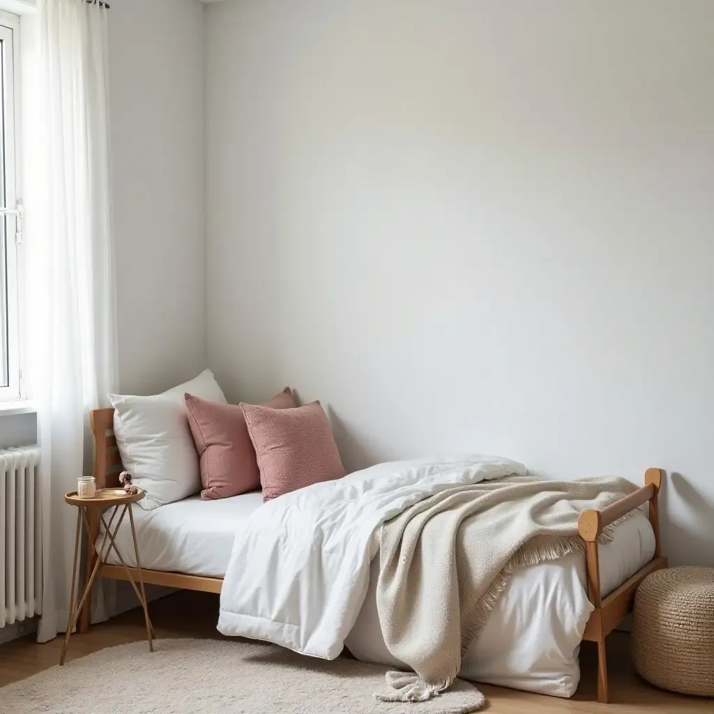 a photo of a minimalist teen bedroom with chic throw pillows on a chair