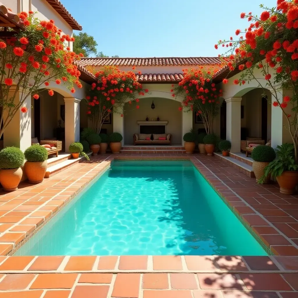 a photo of a pool area adorned with terracotta tiles and vibrant flowers