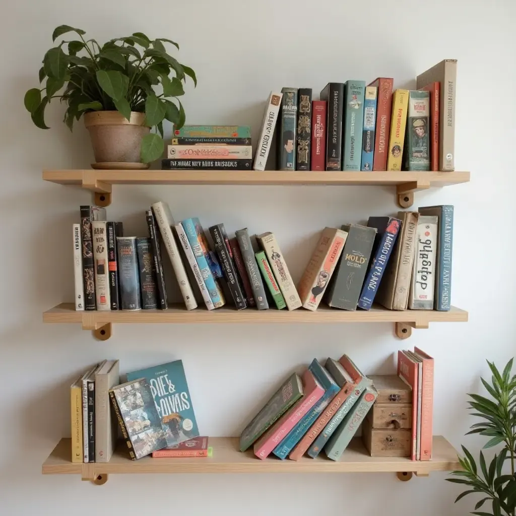 a photo of a wall-mounted bookshelf filled with favorite reads