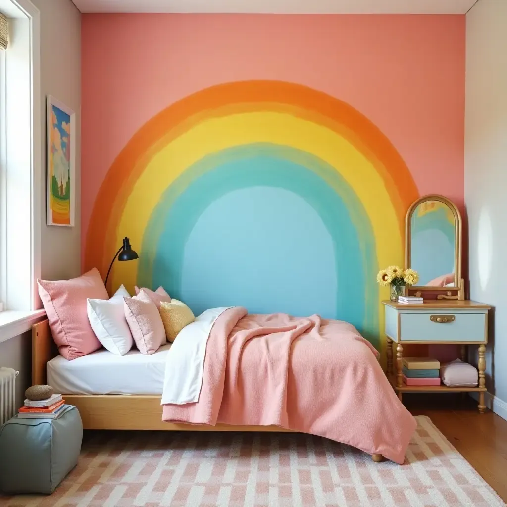 a photo of a playful rainbow color scheme in a teen&#x27;s bedroom