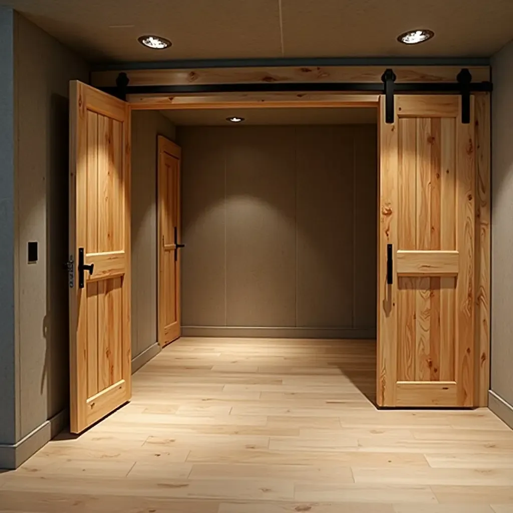 a photo of a basement with wooden sliding doors