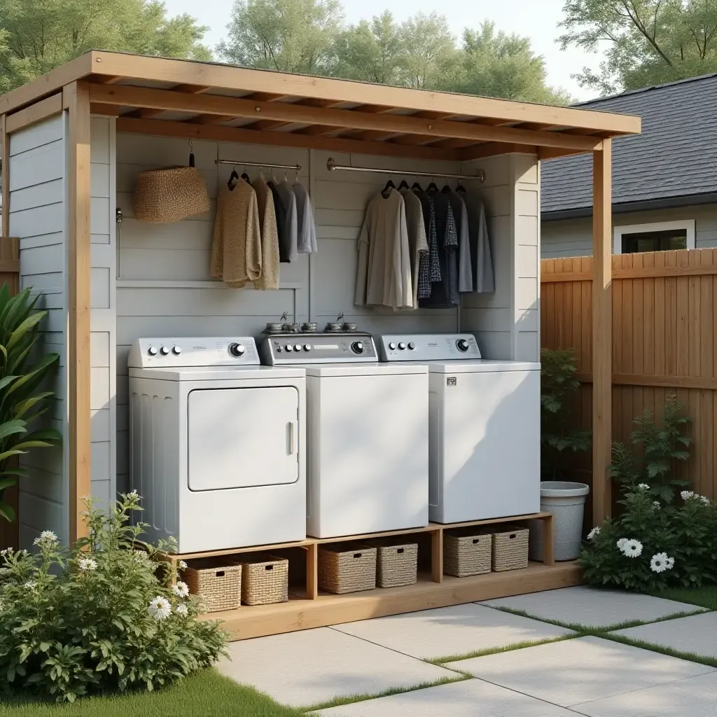 a photo of an outdoor laundry area with hanging racks and baskets for organization