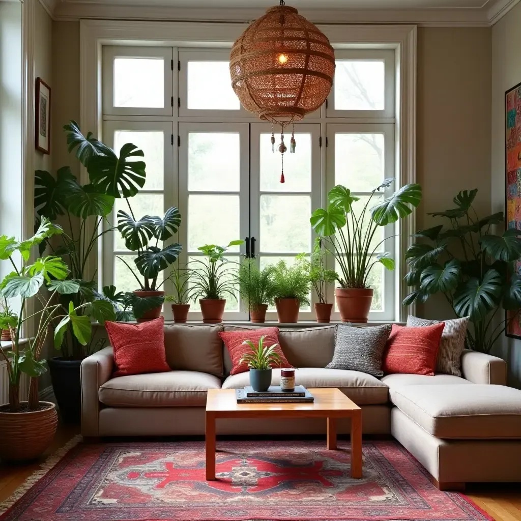 a photo of a bohemian living room with colorful planters