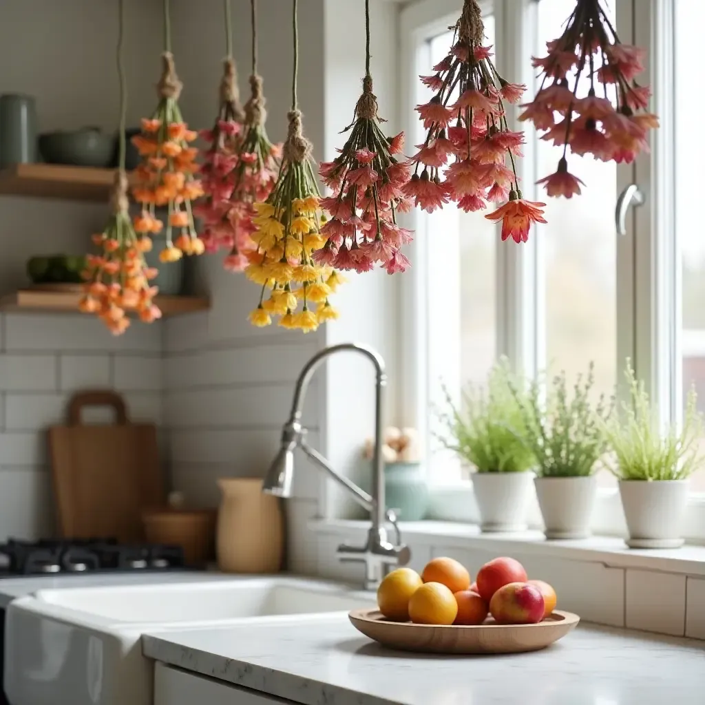 a photo of a kitchen adorned with hanging dried flowers