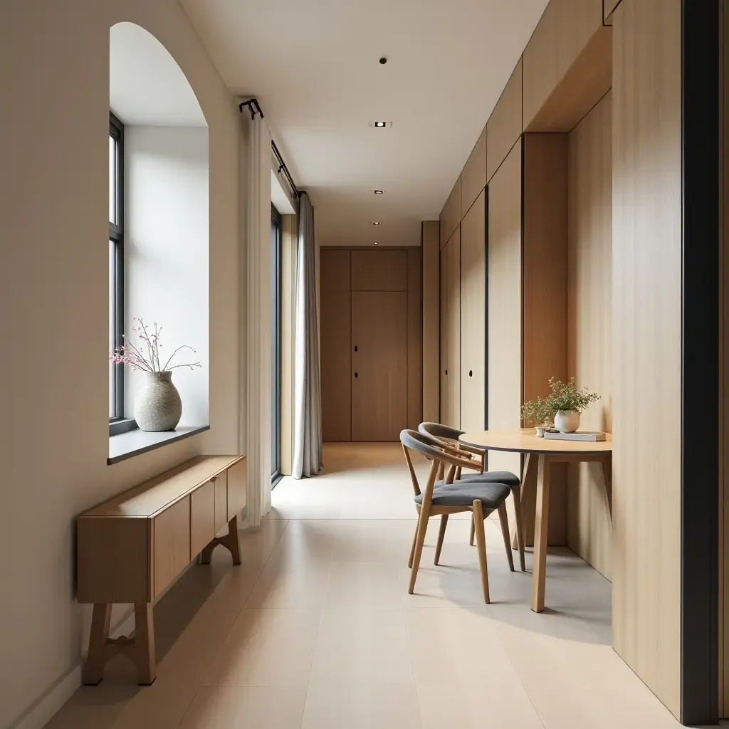 a photo of a narrow corridor with a foldable dining table