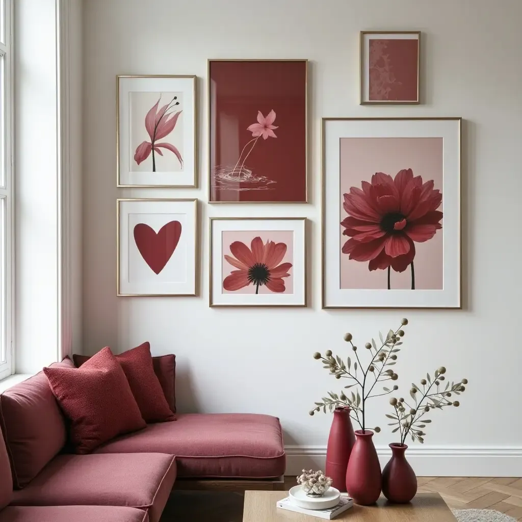 a photo of a gallery wall with burgundy-themed artwork