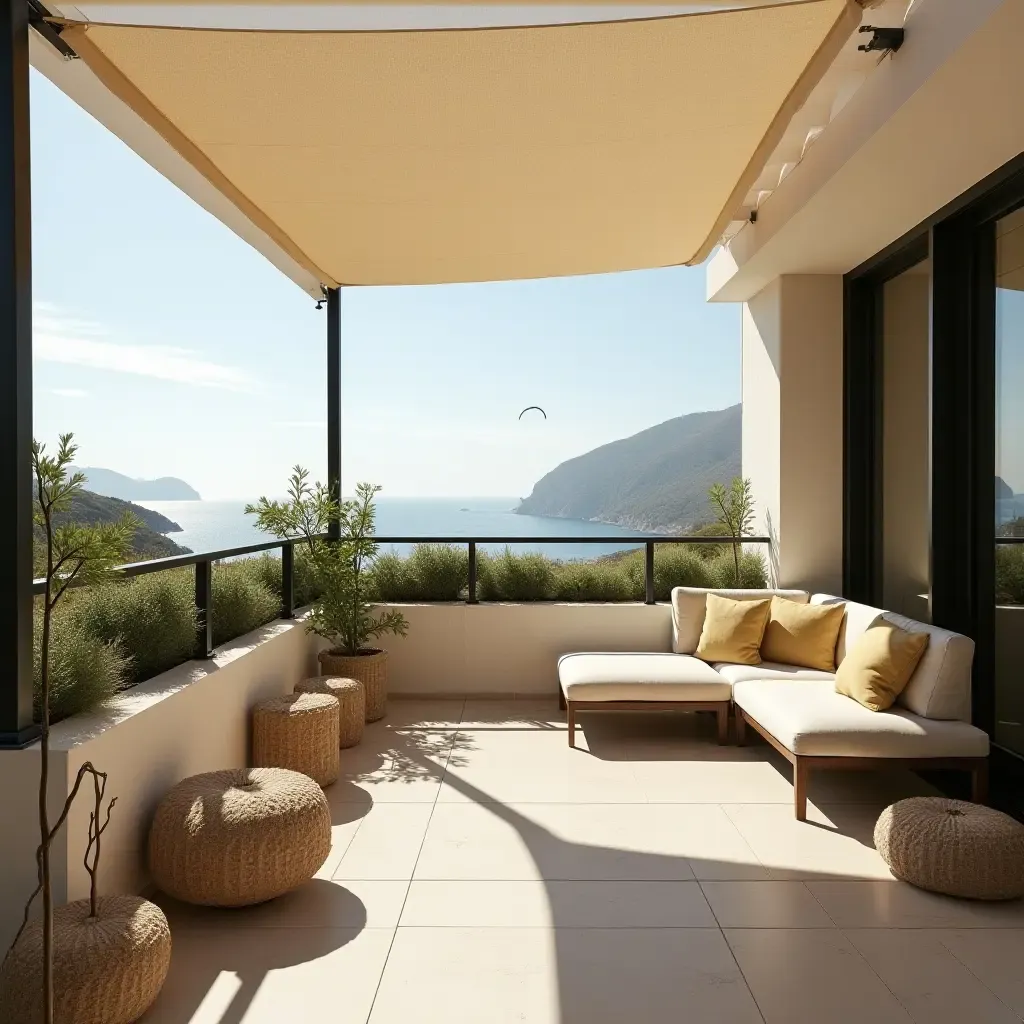 a photo of a balcony with a sunshade and plush seating