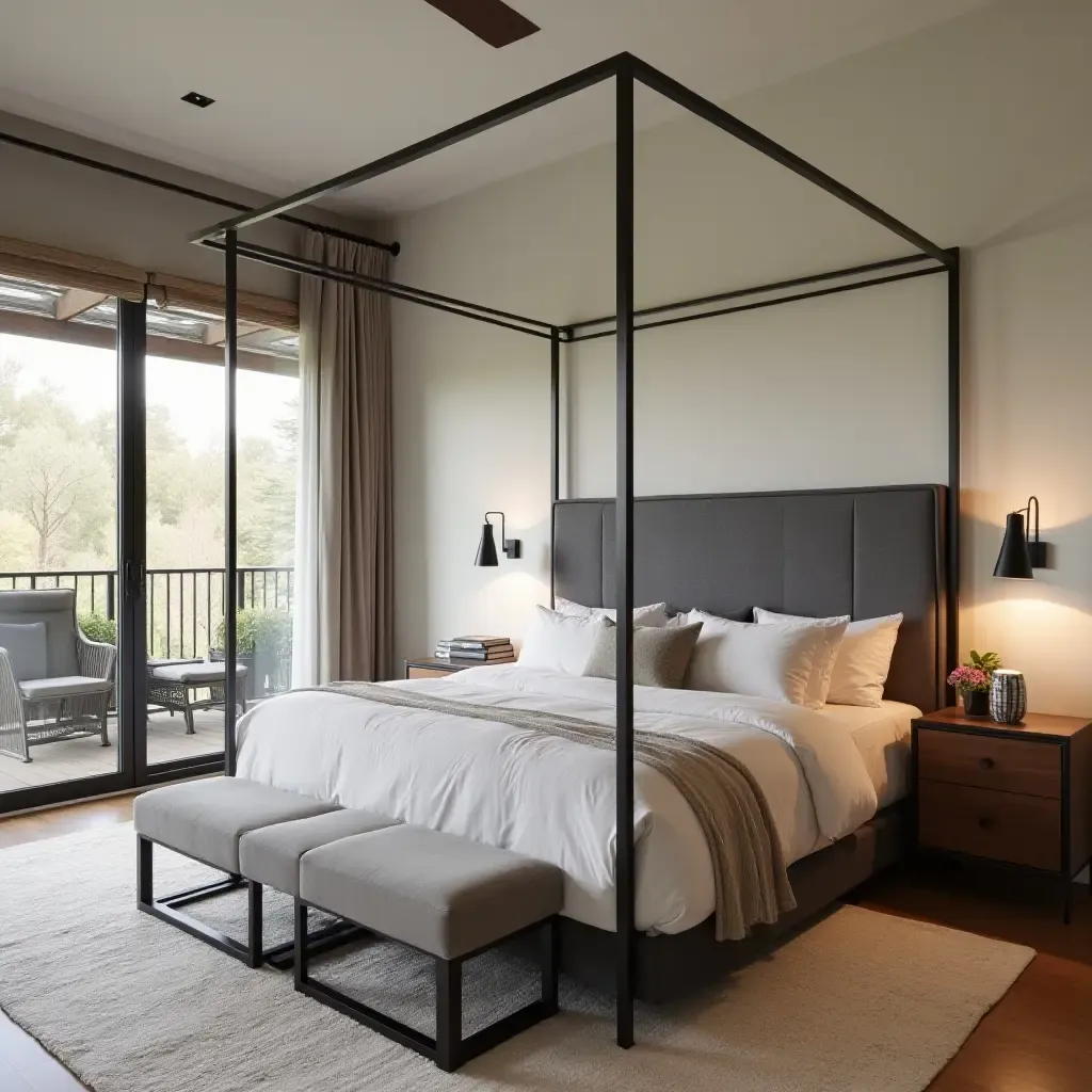 a photo of a bedroom featuring a stylish combination of metal and wood furnishings