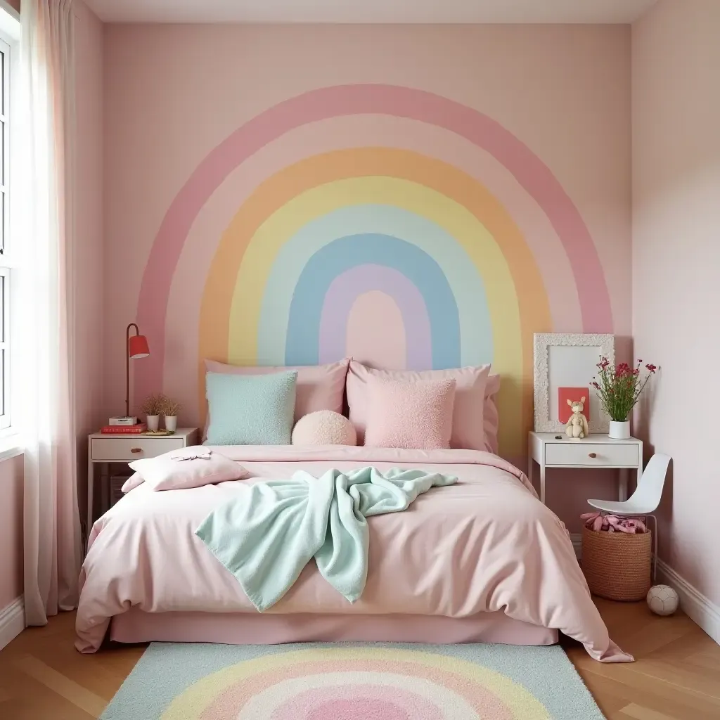 a photo of a whimsical pastel rainbow bedroom for teens