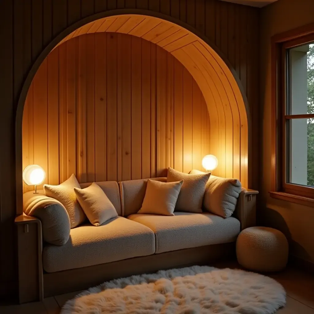 a photo of a cozy reading nook with plush cushions and warm lighting