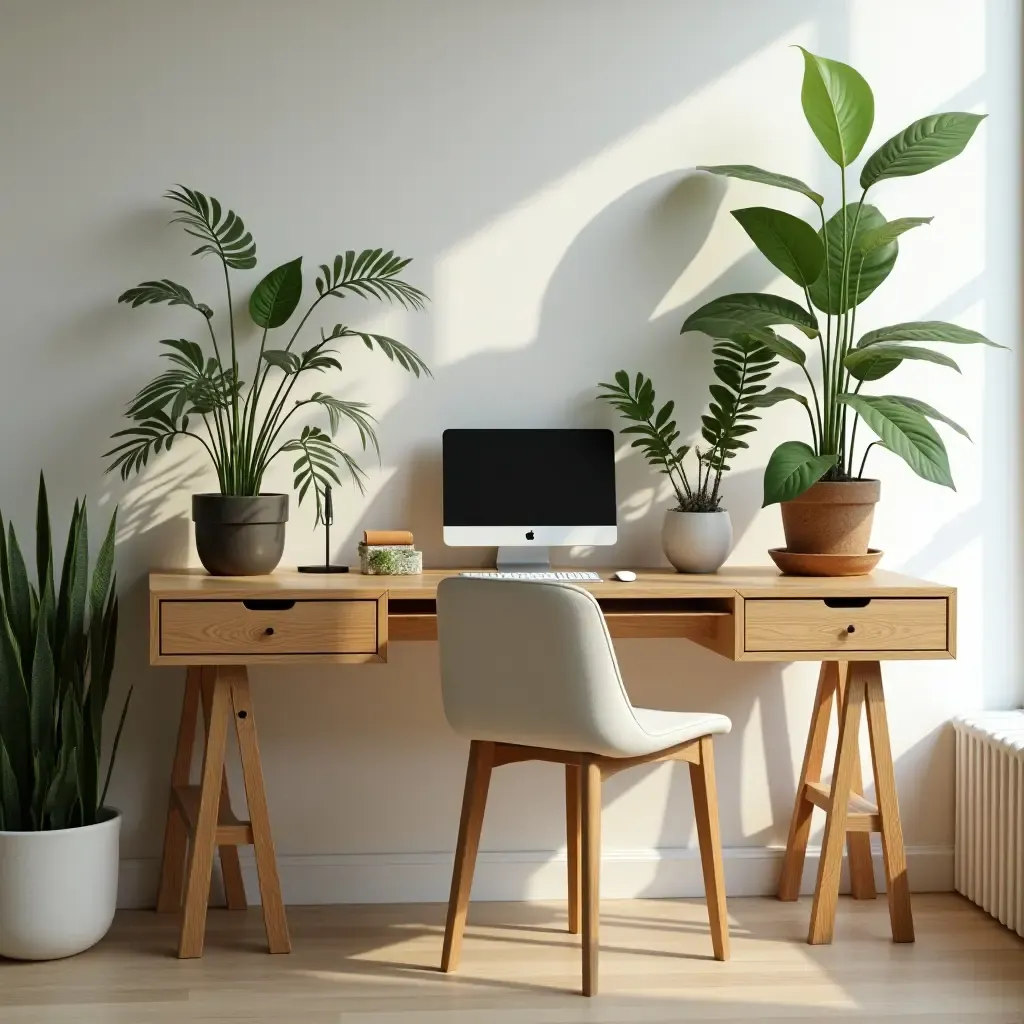 a photo of a nature-inspired desk with wooden elements and indoor plants