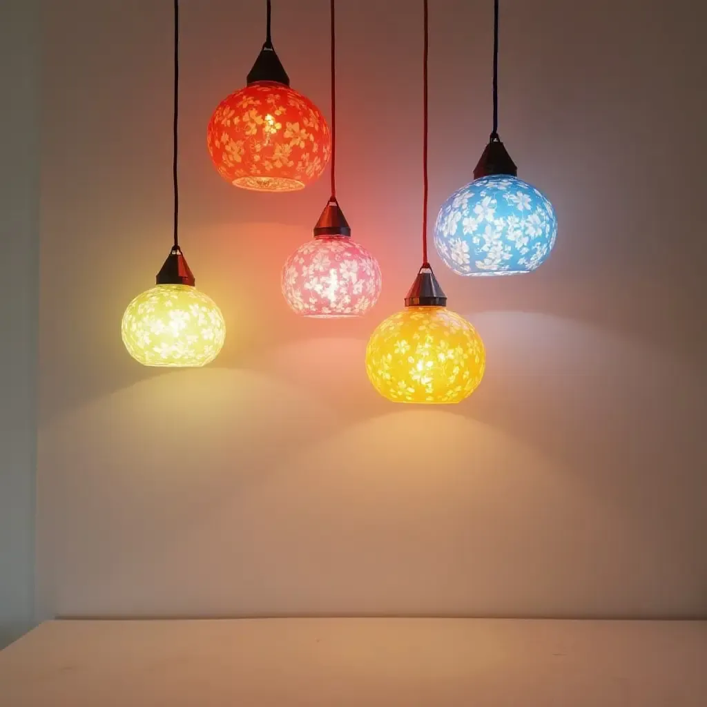 a photo of a bright room with colorful pendant light clusters