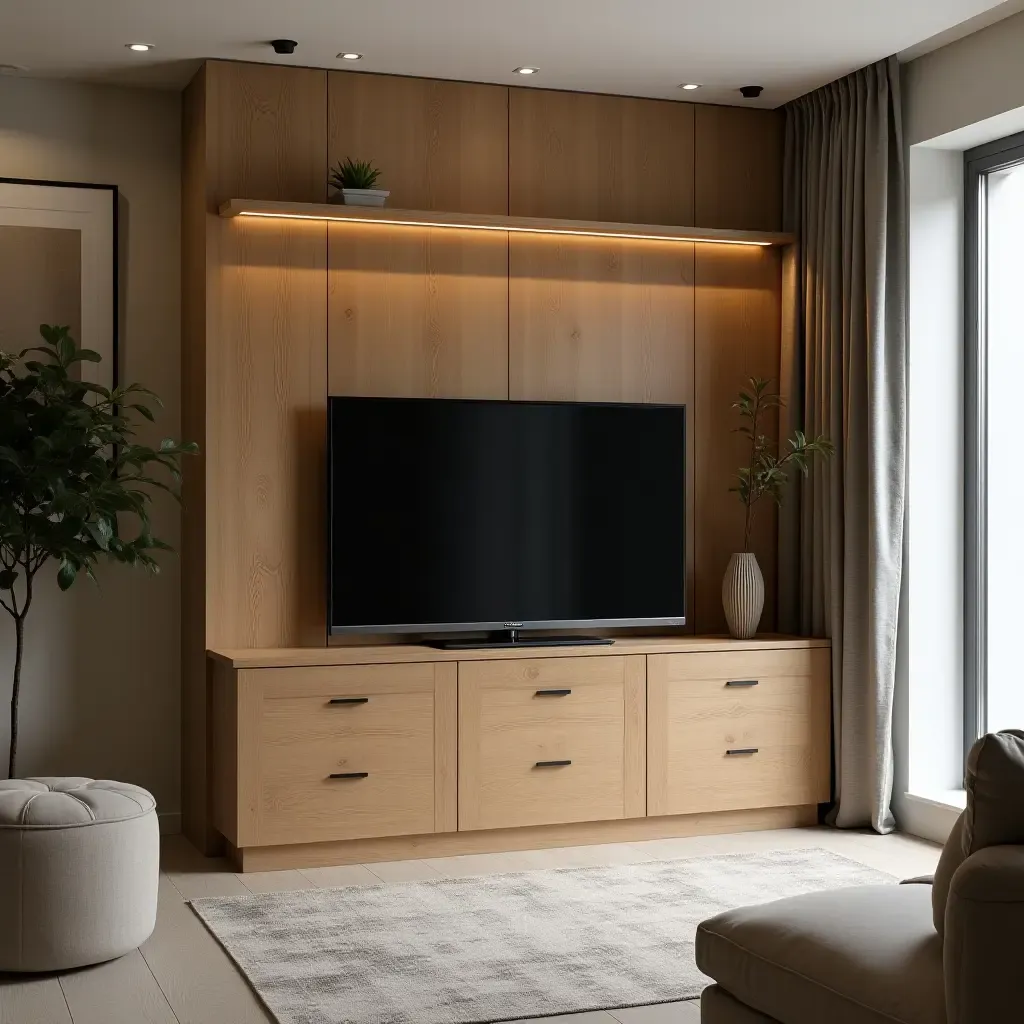 a photo of a cozy living room with a TV inside a decorative cabinet