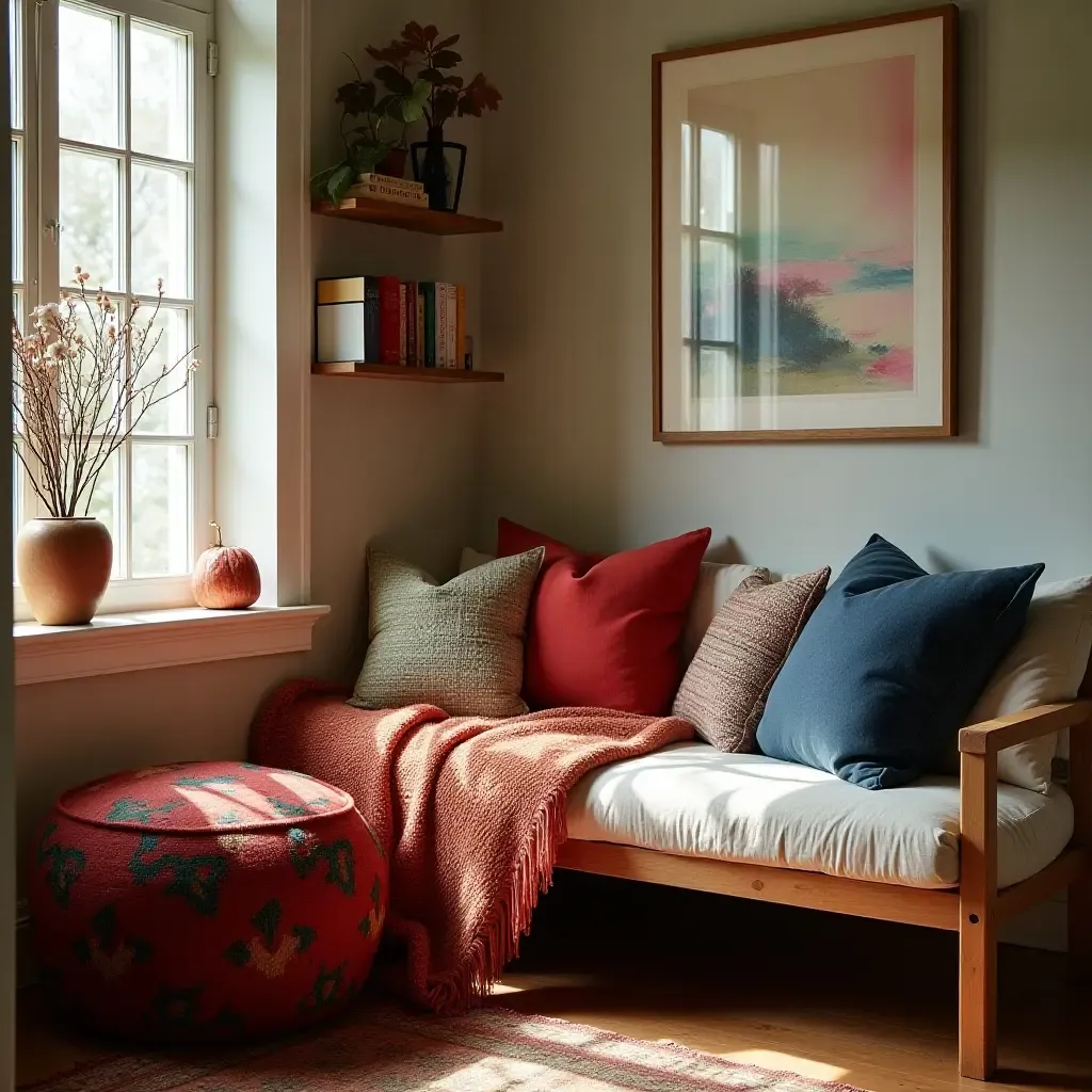 a photo of a reading nook adorned with colorful cushions and a warm throw