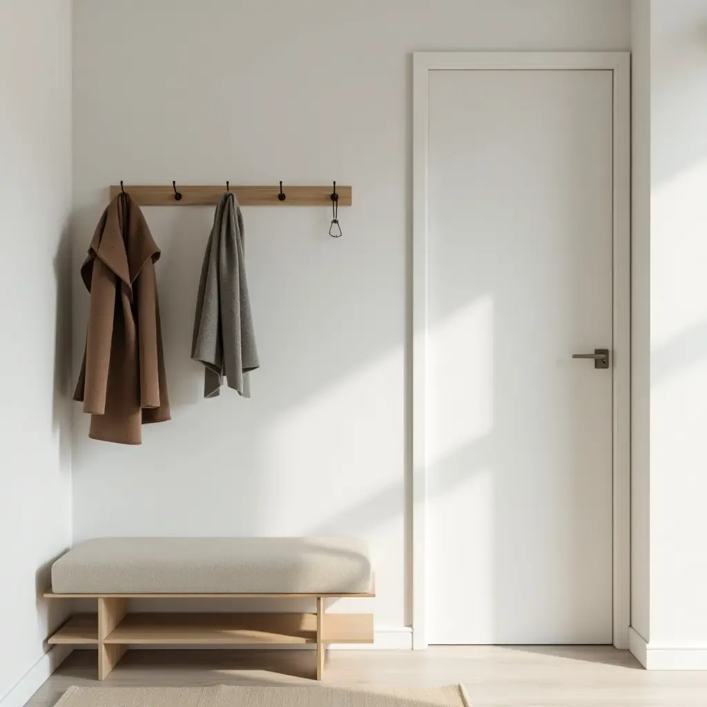 a photo of a minimalist hallway with a sleek coat rack