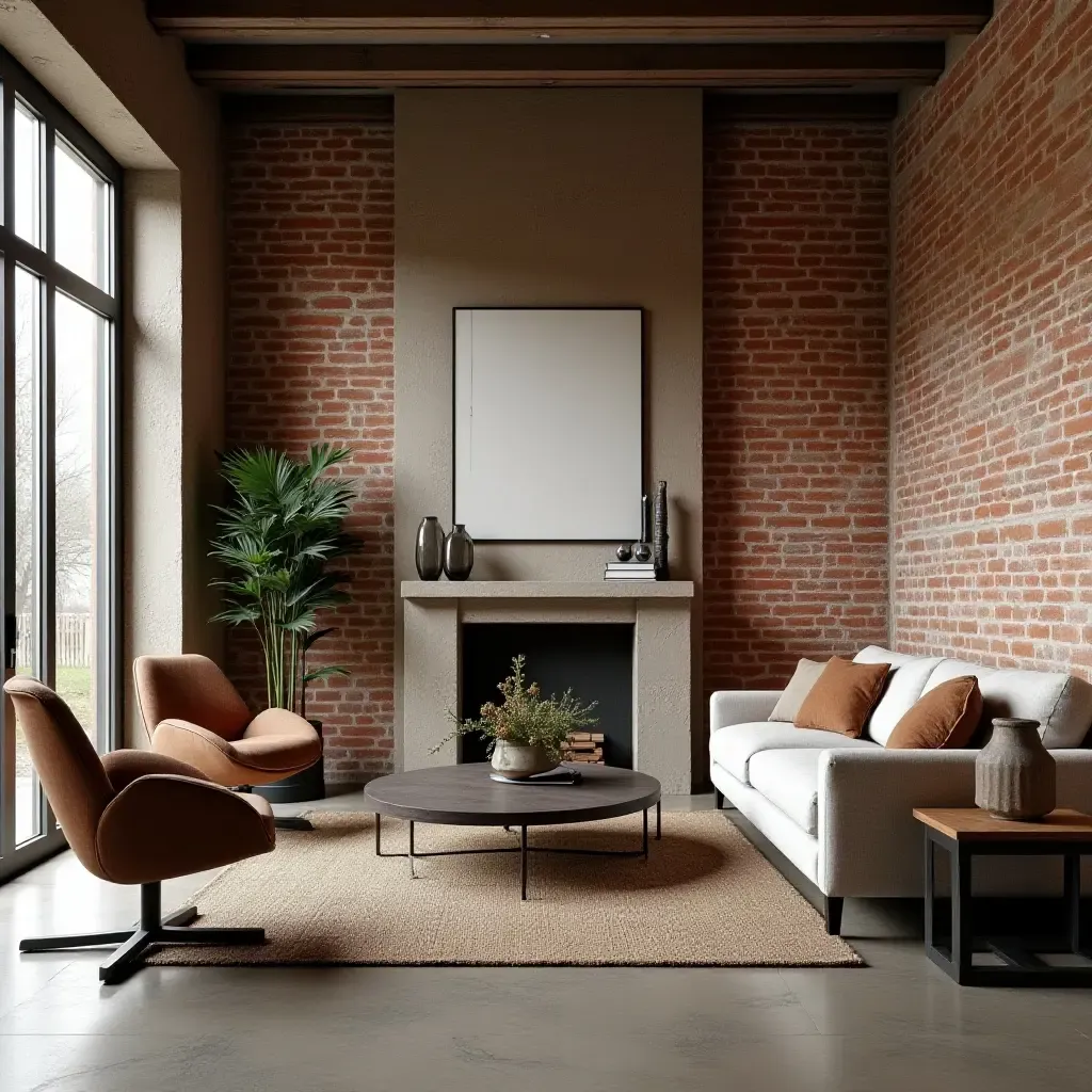 a photo of a living room with exposed brick walls and vintage metal accents